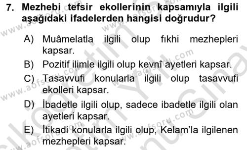 Tefsir Tarihi ve Usulü Dersi 2021 - 2022 Yılı (Final) Dönem Sonu Sınavı 7. Soru