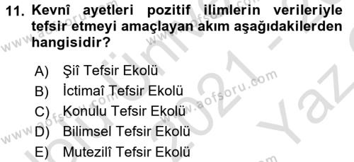 Tefsir Tarihi ve Usulü Dersi 2021 - 2022 Yılı Yaz Okulu Sınavı 11. Soru