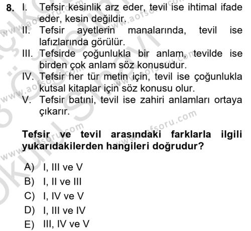 Tefsir Tarihi ve Usulü Dersi 2022 - 2023 Yılı Yaz Okulu Sınavı 8. Soru