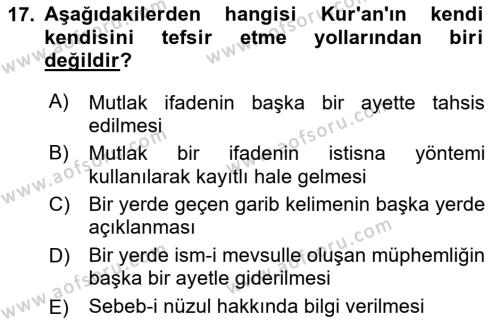 Tefsir Tarihi ve Usulü Dersi 2023 - 2024 Yılı (Vize) Ara Sınavı 17. Soru