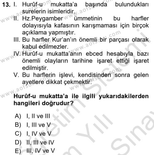 Tefsir Tarihi ve Usulü Dersi 2023 - 2024 Yılı (Final) Dönem Sonu Sınavı 13. Soru