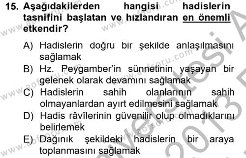 Hadis Tarihi ve Usulü Dersi 2012 - 2013 Yılı (Vize) Ara Sınavı 15. Soru