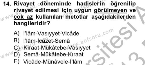 Hadis Tarihi ve Usulü Dersi 2012 - 2013 Yılı (Final) Dönem Sonu Sınavı 14. Soru