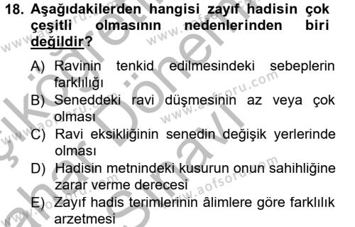 Hadis Tarihi ve Usulü Dersi 2012 - 2013 Yılı (Final) Dönem Sonu Sınavı 18. Soru