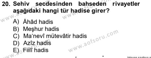 Hadis Tarihi ve Usulü Dersi 2012 - 2013 Yılı (Final) Dönem Sonu Sınavı 20. Soru