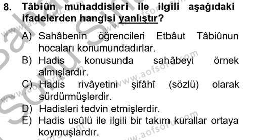 Hadis Tarihi ve Usulü Dersi 2014 - 2015 Yılı (Final) Dönem Sonu Sınavı 8. Soru