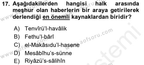 Hadis Tarihi ve Usulü Dersi 2015 - 2016 Yılı (Vize) Ara Sınavı 17. Soru