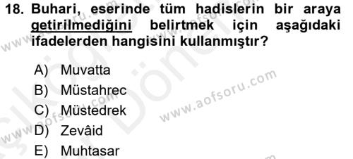 Hadis Tarihi ve Usulü Dersi 2015 - 2016 Yılı (Vize) Ara Sınavı 18. Soru