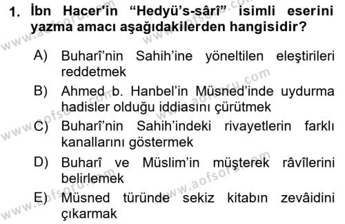 Hadis Tarihi ve Usulü Dersi 2015 - 2016 Yılı (Final) Dönem Sonu Sınavı 1. Soru