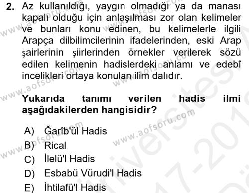 Hadis Tarihi ve Usulü Dersi 2017 - 2018 Yılı (Vize) Ara Sınavı 2. Soru