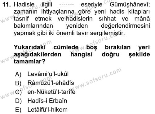 Hadis Tarihi ve Usulü Dersi 2020 - 2021 Yılı Yaz Okulu Sınavı 11. Soru