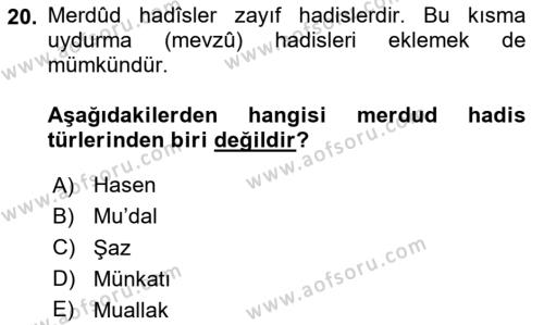 Hadis Tarihi ve Usulü Dersi 2020 - 2021 Yılı Yaz Okulu Sınavı 20. Soru