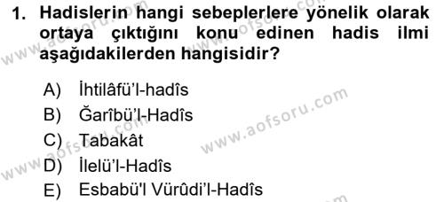 Hadis Tarihi ve Usulü Dersi 2021 - 2022 Yılı (Vize) Ara Sınavı 1. Soru