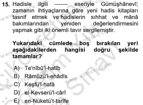 Hadis Tarihi ve Usulü Dersi 2021 - 2022 Yılı (Vize) Ara Sınavı 15. Soru