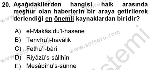 Hadis Tarihi ve Usulü Dersi 2021 - 2022 Yılı (Vize) Ara Sınavı 20. Soru