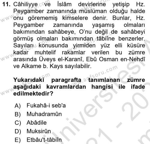 Hadis Tarihi ve Usulü Dersi 2021 - 2022 Yılı (Final) Dönem Sonu Sınavı 11. Soru