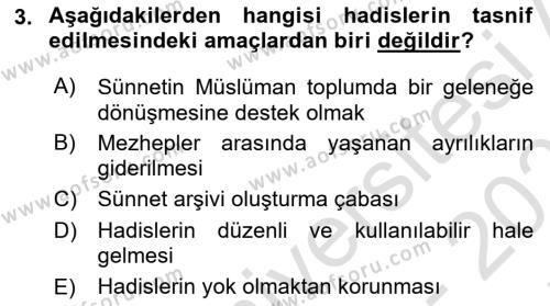 Hadis Tarihi ve Usulü Dersi 2021 - 2022 Yılı (Final) Dönem Sonu Sınavı 3. Soru