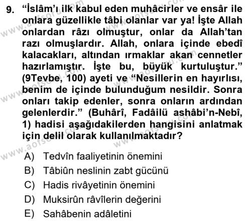 Hadis Tarihi ve Usulü Dersi 2021 - 2022 Yılı (Final) Dönem Sonu Sınavı 9. Soru