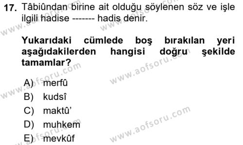 Hadis Tarihi ve Usulü Dersi 2021 - 2022 Yılı Yaz Okulu Sınavı 17. Soru