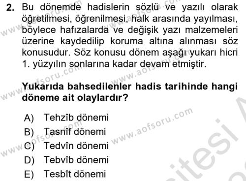 Hadis Tarihi ve Usulü Dersi 2021 - 2022 Yılı Yaz Okulu Sınavı 2. Soru