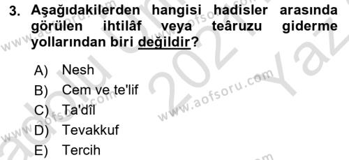 Hadis Tarihi ve Usulü Dersi 2021 - 2022 Yılı Yaz Okulu Sınavı 3. Soru