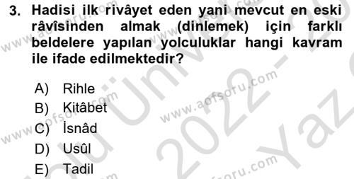 Hadis Tarihi ve Usulü Dersi 2022 - 2023 Yılı Yaz Okulu Sınavı 3. Soru