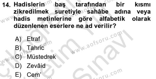 Hadis Tarihi ve Usulü Dersi 2023 - 2024 Yılı (Vize) Ara Sınavı 14. Soru