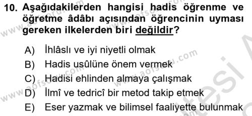 Hadis Tarihi ve Usulü Dersi 2023 - 2024 Yılı Yaz Okulu Sınavı 10. Soru