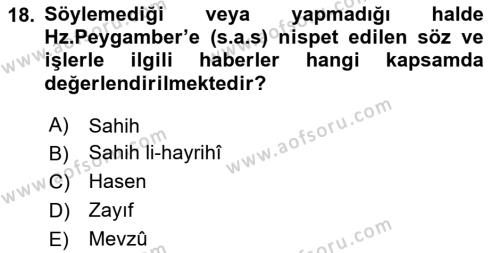 Hadis Tarihi ve Usulü Dersi 2023 - 2024 Yılı Yaz Okulu Sınavı 18. Soru