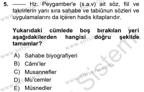 Hadis Tarihi ve Usulü Dersi 2023 - 2024 Yılı Yaz Okulu Sınavı 5. Soru