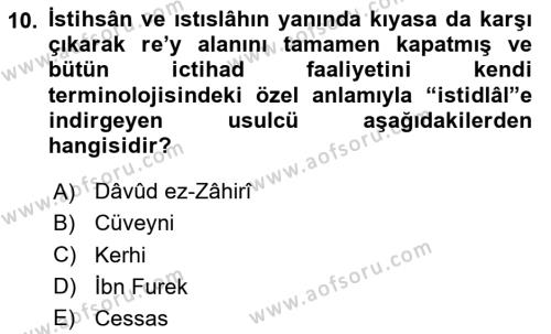 İslam Hukukuna Giriş Dersi 2020 - 2021 Yılı Yaz Okulu Sınavı 10. Soru