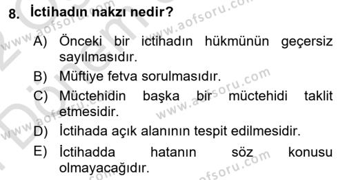 İslam Hukukuna Giriş Dersi 2021 - 2022 Yılı (Final) Dönem Sonu Sınavı 8. Soru