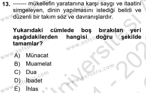 İslam Hukukuna Giriş Dersi 2021 - 2022 Yılı Yaz Okulu Sınavı 13. Soru