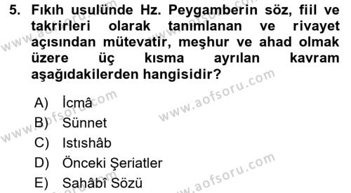 İslam Hukukuna Giriş Dersi 2021 - 2022 Yılı Yaz Okulu Sınavı 5. Soru