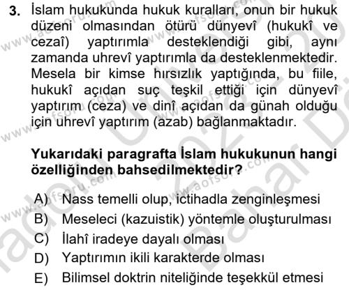 İslam Hukukuna Giriş Dersi 2023 - 2024 Yılı (Vize) Ara Sınavı 3. Soru