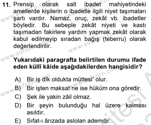 İslam Hukukuna Giriş Dersi 2023 - 2024 Yılı (Final) Dönem Sonu Sınavı 11. Soru