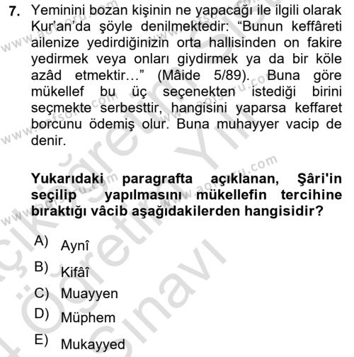 İslam Hukukuna Giriş Dersi 2023 - 2024 Yılı Yaz Okulu Sınavı 7. Soru