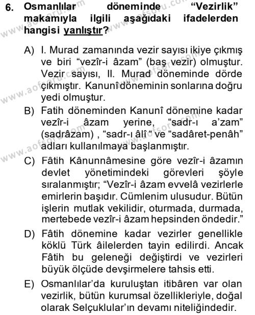 İslam Kurumları ve Medeniyeti Dersi 2013 - 2014 Yılı (Final) Dönem Sonu Sınavı 6. Soru