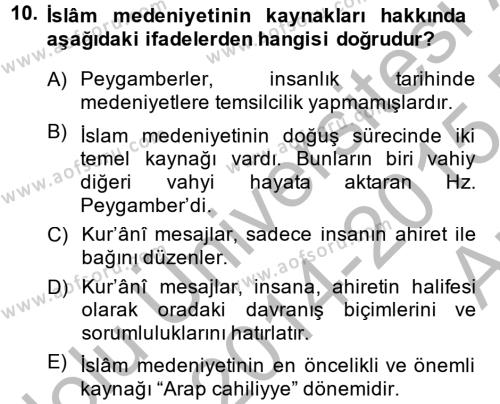 İslam Kurumları ve Medeniyeti Dersi 2014 - 2015 Yılı (Vize) Ara Sınavı 10. Soru