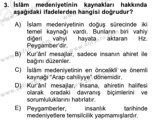 İslam Kurumları ve Medeniyeti Dersi 2015 - 2016 Yılı Tek Ders Sınavı 3. Soru