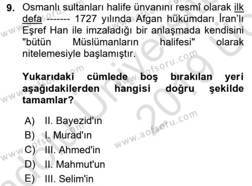 İslam Kurumları ve Medeniyeti Dersi 2018 - 2019 Yılı 3 Ders Sınavı 9. Soru