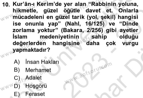 İslam Kurumları ve Medeniyeti Dersi 2023 - 2024 Yılı (Vize) Ara Sınavı 10. Soru