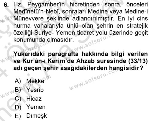 İslam Kurumları ve Medeniyeti Dersi 2023 - 2024 Yılı (Vize) Ara Sınavı 6. Soru