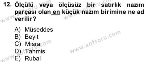 Türk İslam Edebiyatı Dersi 2012 - 2013 Yılı (Vize) Ara Sınavı 12. Soru