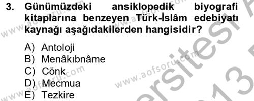 Türk İslam Edebiyatı Dersi 2012 - 2013 Yılı (Final) Dönem Sonu Sınavı 3. Soru