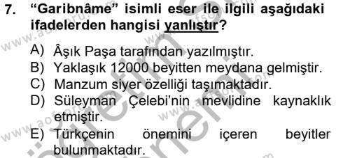 Türk İslam Edebiyatı Dersi 2012 - 2013 Yılı (Final) Dönem Sonu Sınavı 7. Soru
