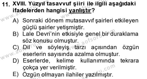 Türk İslam Edebiyatı Dersi 2013 - 2014 Yılı (Final) Dönem Sonu Sınavı 11. Soru