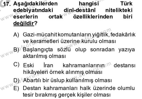 Türk İslam Edebiyatı Dersi 2013 - 2014 Yılı (Final) Dönem Sonu Sınavı 17. Soru