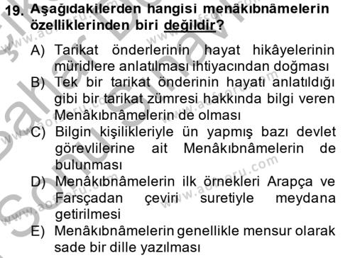 Türk İslam Edebiyatı Dersi 2013 - 2014 Yılı (Final) Dönem Sonu Sınavı 19. Soru