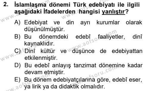 Türk İslam Edebiyatı Dersi 2013 - 2014 Yılı Tek Ders Sınavı 2. Soru